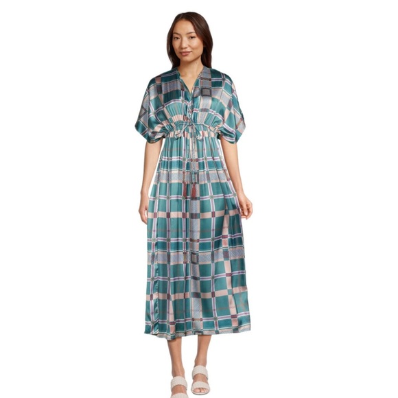 NWT World Market Mira Teal and Maroon Satin Plaid Kaftan Dress SZ L/XL - Picture 1 of 4